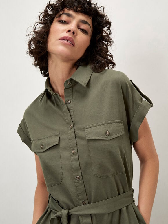 Cotton Slub Midi Shirt Dress, Khaki, large