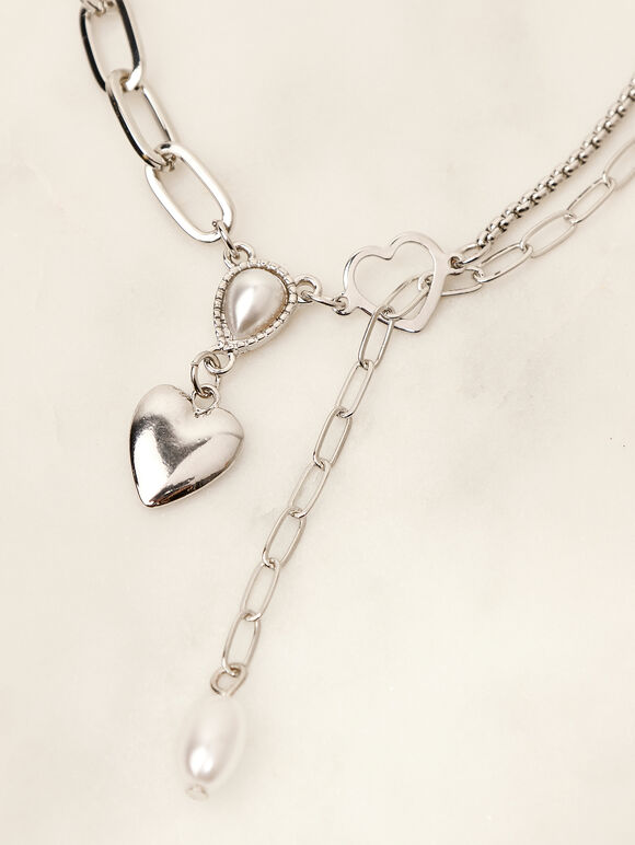 Silver Tone Heart Pendant Necklace, Grey, large