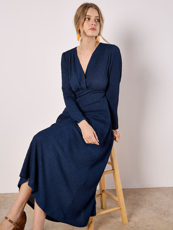 V-Neck Textured Midi Dress, Navy, large