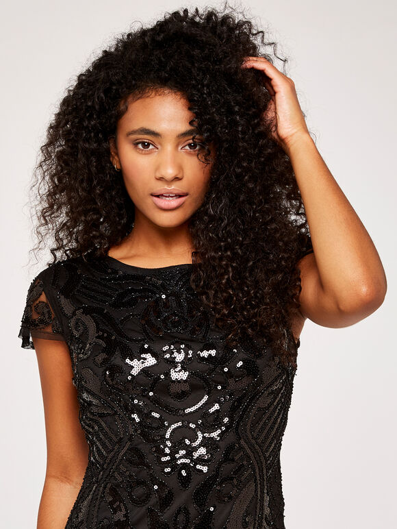 Embellished Mesh Mini  Dress, Black, large