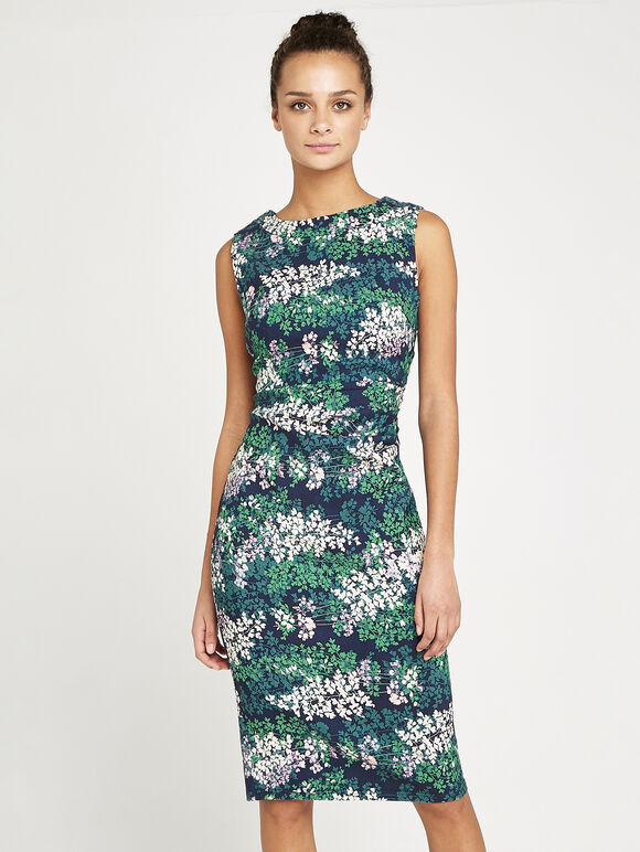 Fern Springs Print In Side Ruched Dress, Navy, large