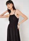 Drawstring Neck Smocked Midi Dress, Black, large