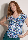 Leaf Print Tulip Sleeve Top, Blue, large