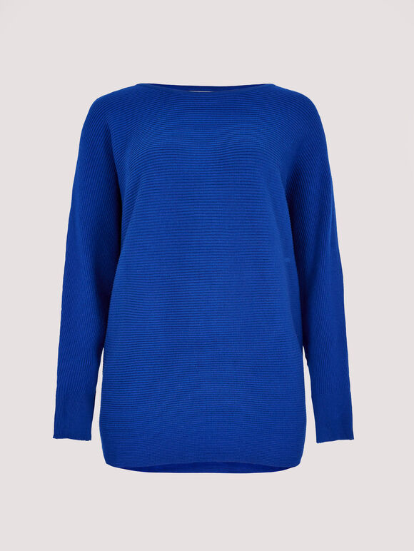 Batwing Longline Ribbed Jumper, Blue, large