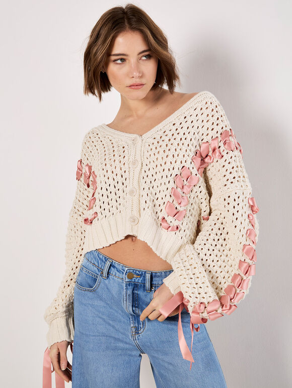Chunky Knit Cropped Bow Cardigan, Stone, large