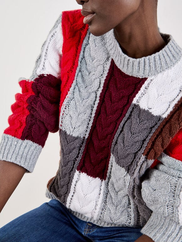 Colour Block Chunky Knit Cable Jumper, Grey, large