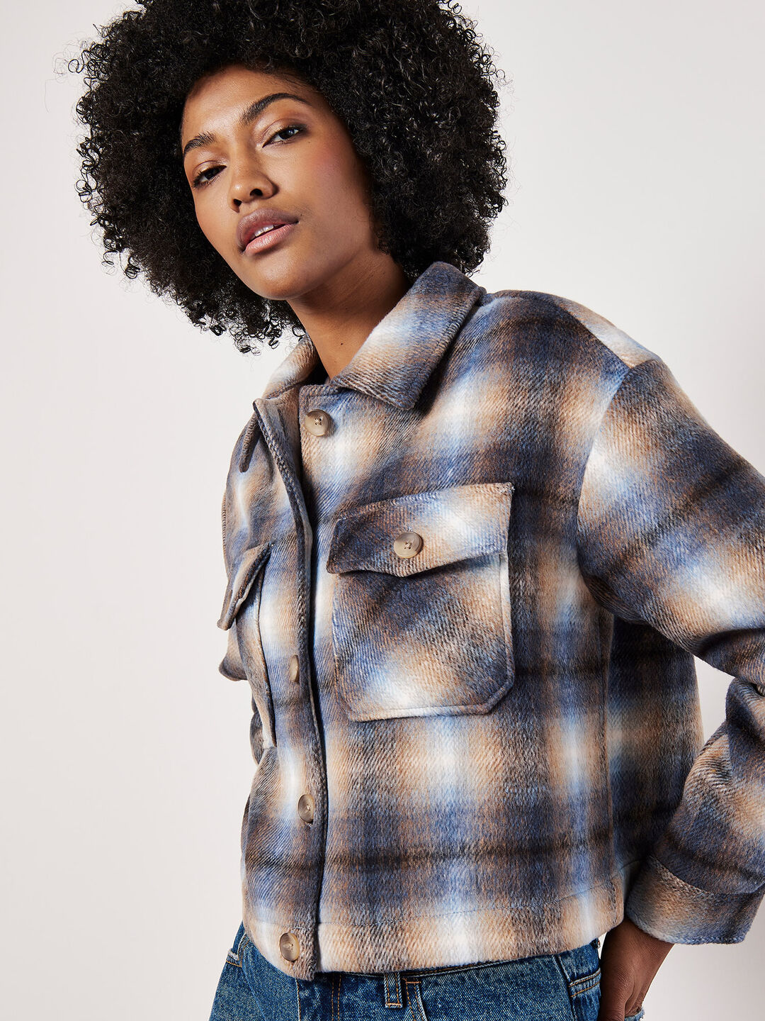 Image of Brushed Check Cropped Jacket