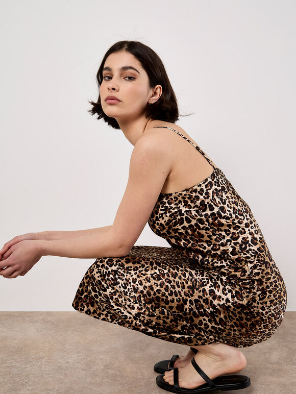 Leopard Print Textured Slip Midi Dress, Stone, large