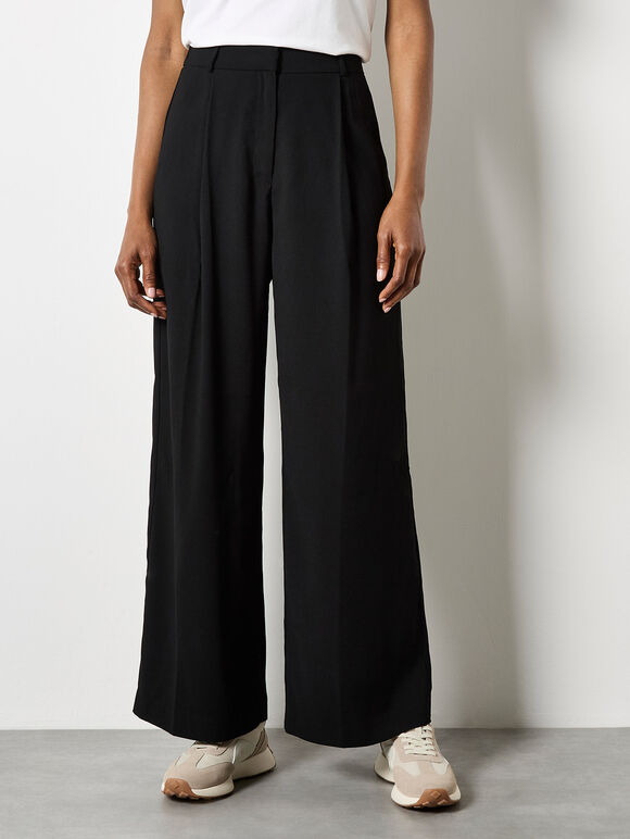 Wide Leg Crepe Trousers, Black, large