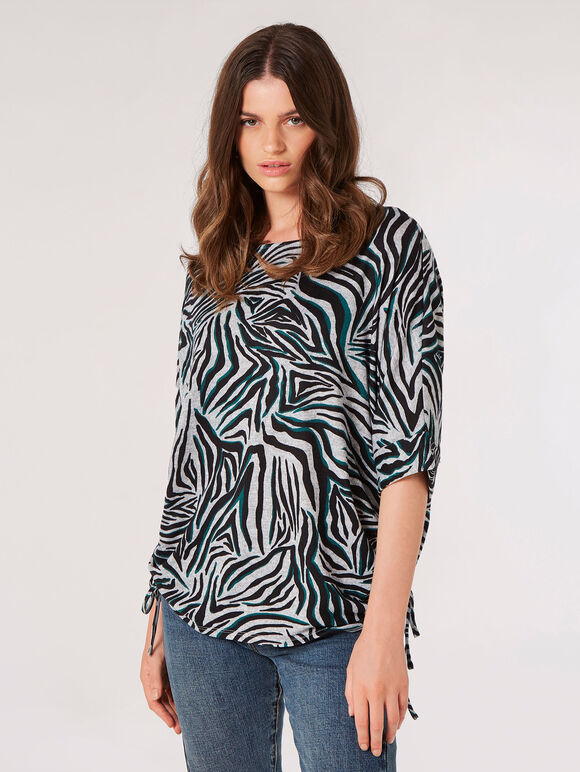 Zebra Print Ruched Side Top, Grey, large