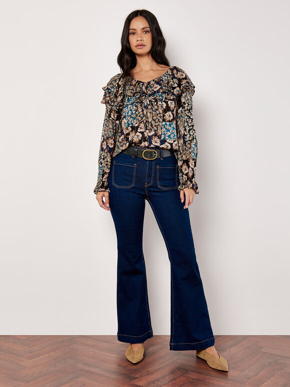 Patchwork Floral Shimmer Ruffle Blouse, Teal, large