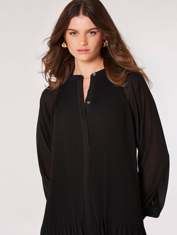 Plisse Chiffon Mini Dress, Black, large