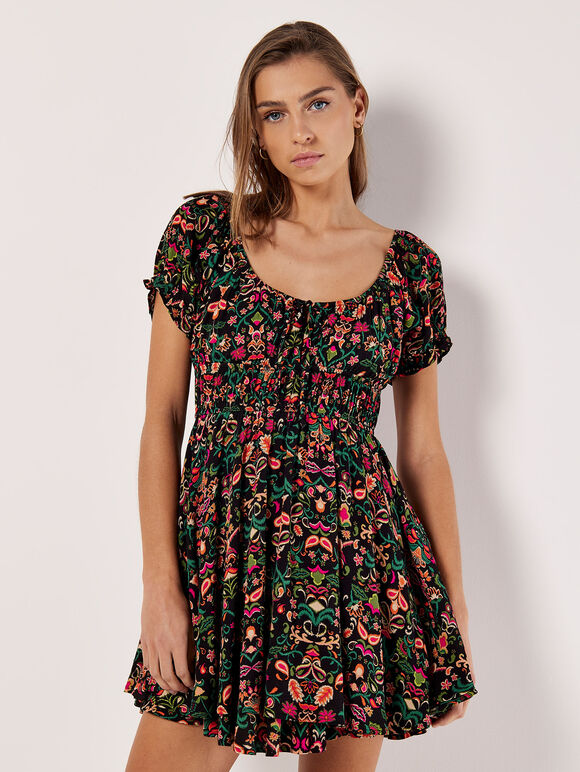 Floral Paisley Layered Mini Dress, Black, large