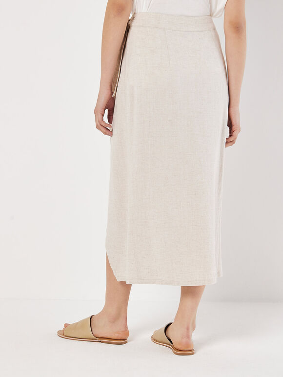 Linen Blend Wrap Midi Skirt, Cream, large