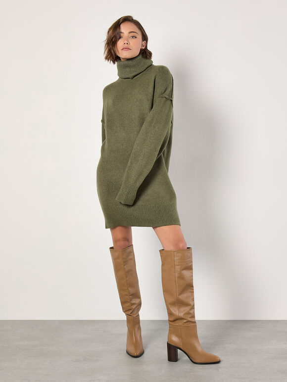 Exposed Seam Jumper Mini Dress, Khaki, large