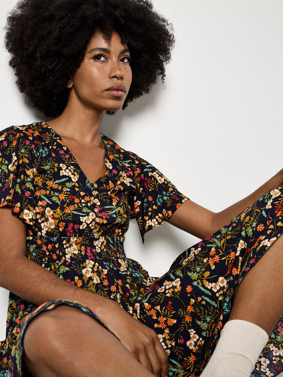 Botanical Floral Mini Dress, Navy, large