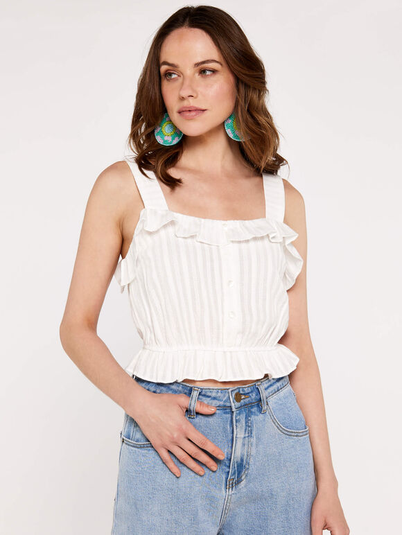 Stripe Ruffle Cotton Top, Cream, large