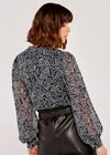 Folk Leaf Tie Neck Cuff Sleeve Top, Navy, large