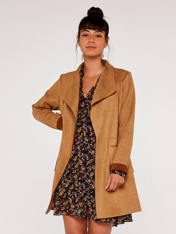 Suedette Waterfall Car Coat, Brown, large