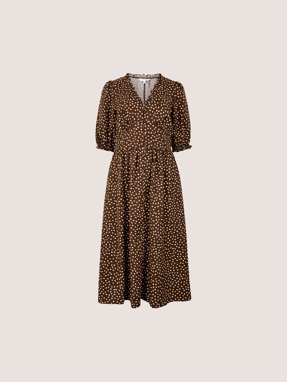 Polka Dot Ruffle Midi Dress, Brown, large