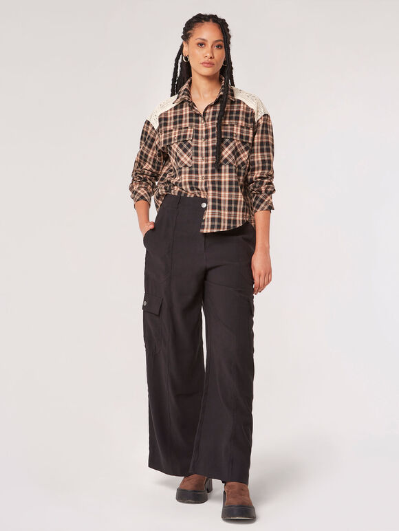 Crochet Detail Cropped Checked Shirt, Black, large