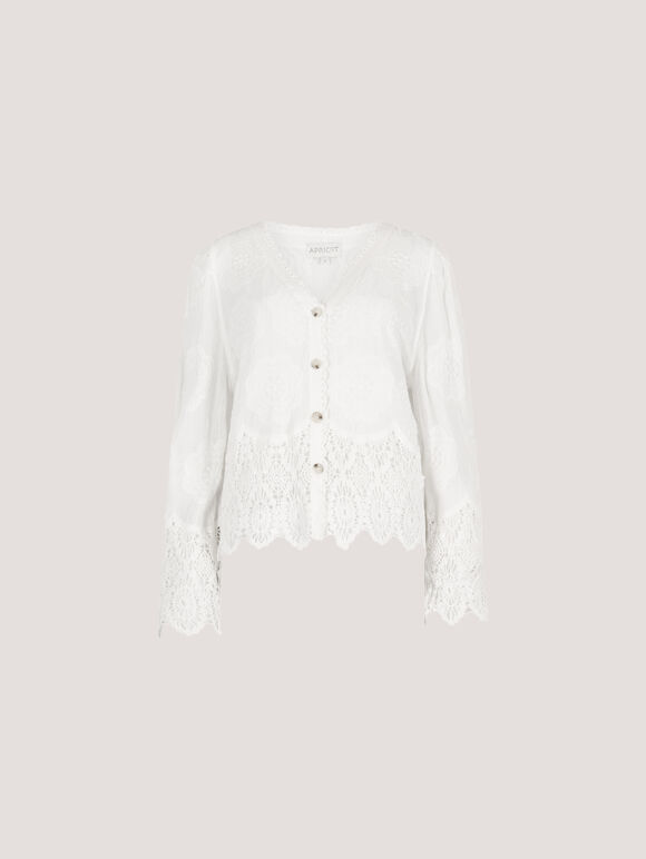 Embroidered Daisies Lace Hem Top, White, large