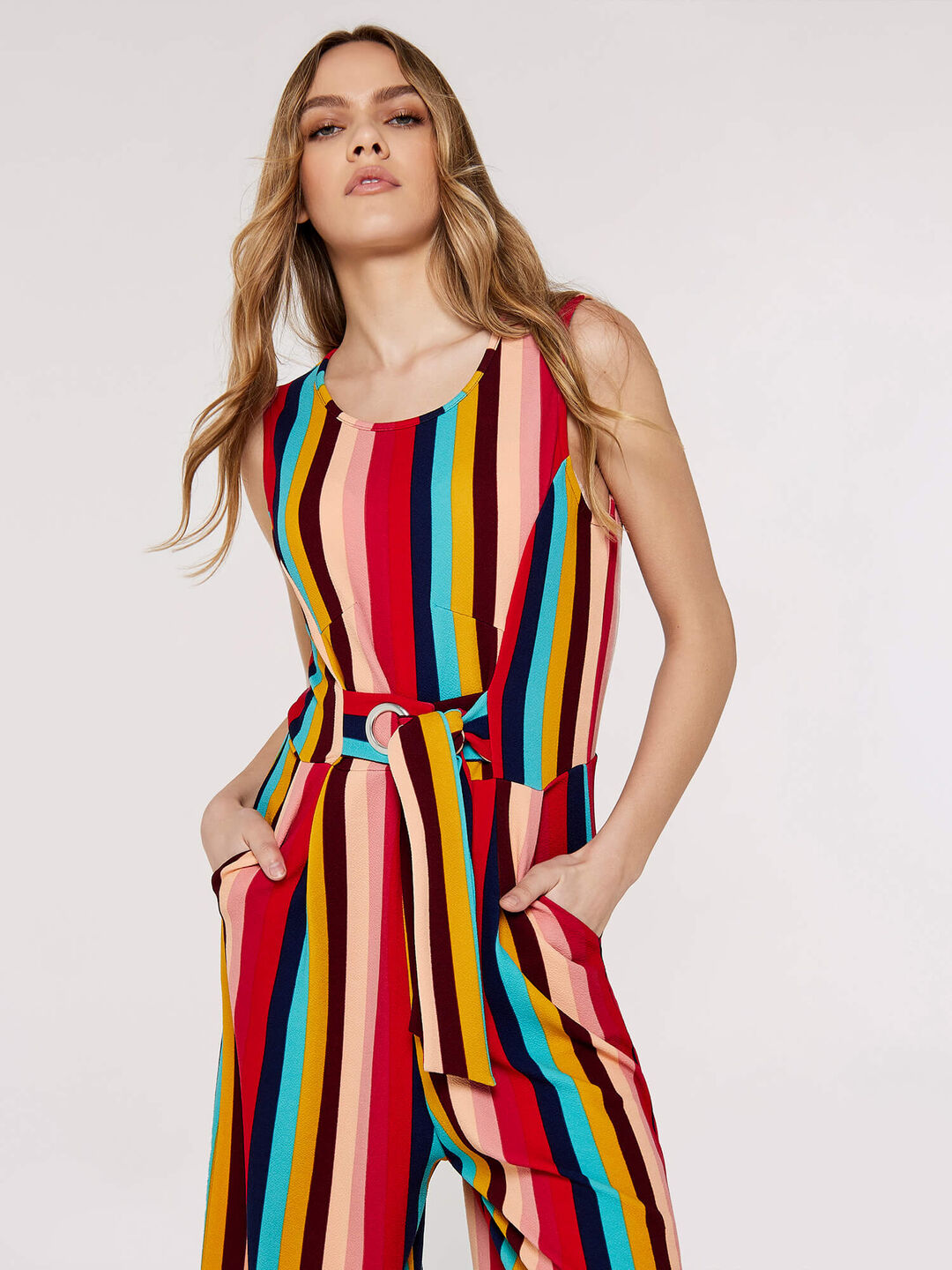 Image of Multi-stripe Tie Waist Jumpsuit
