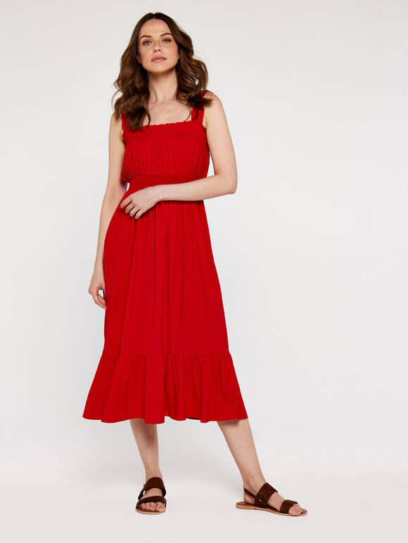 Check Smocked Midi Dress, Red, large