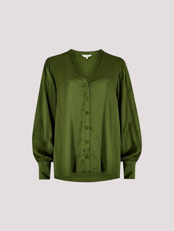 Balloon Sleeve Satin Blouse, Green, large