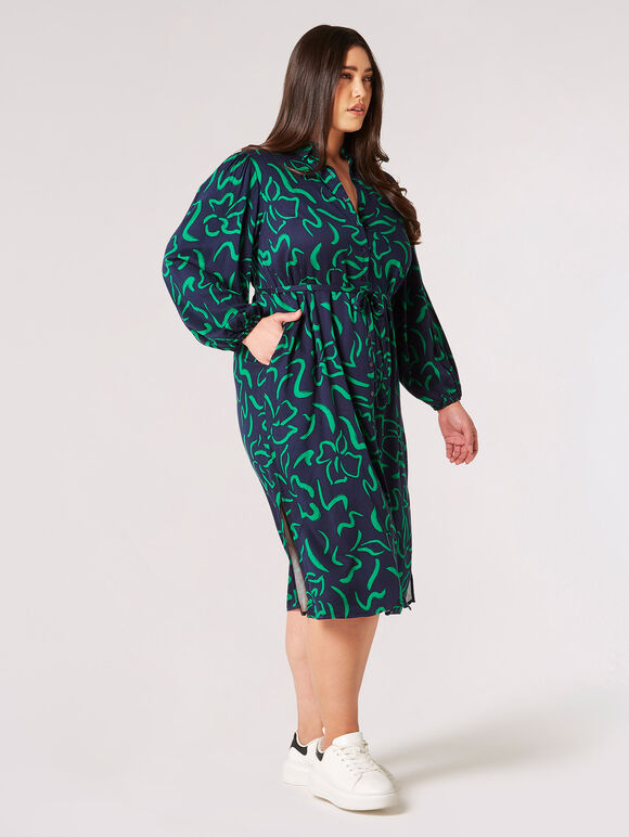 Curve Abstract Lines Shirt Midi Dress, Navy, large