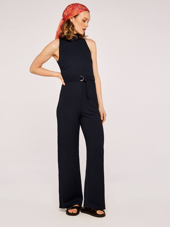 Waffle Halter Neck Jumpsuit, Navy, large
