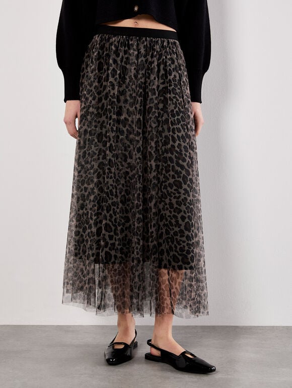 Leopard Tulle Skirt, Brown, large