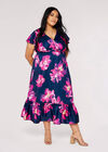 Curve Floral Wrap Midi Dress, Navy, large