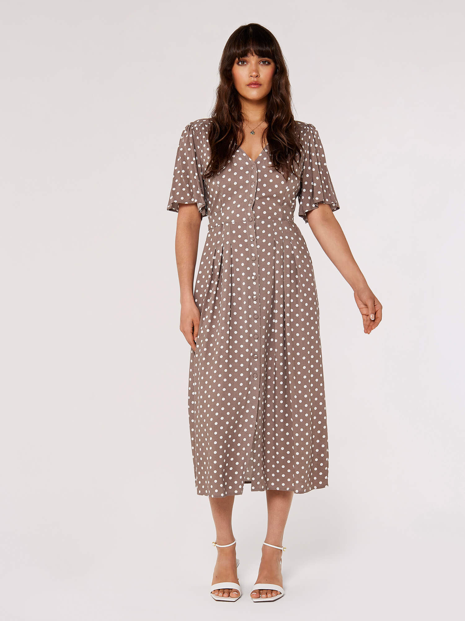 Polkadot Shirt Midi Dress Apricot Clothing