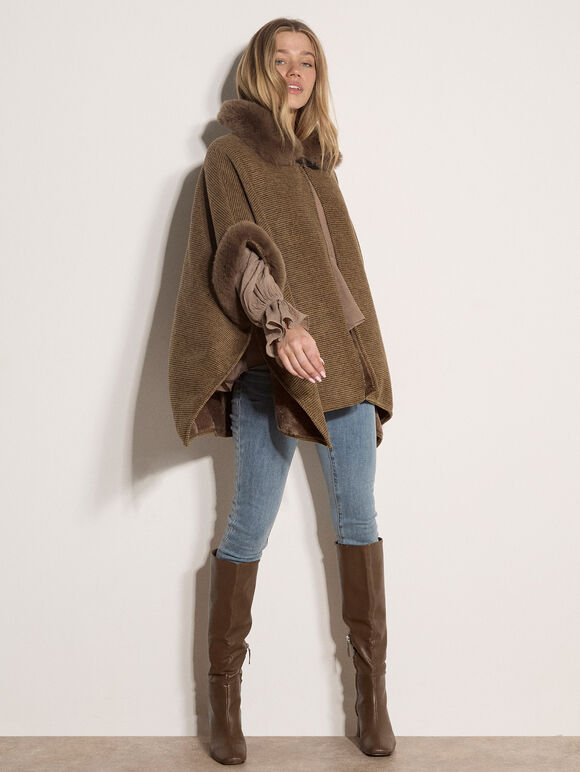 Textured Faux Fur Trim Cape, Brown, large