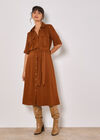 Linen Blend Utility Shirt Midi Dress, Brown, large
