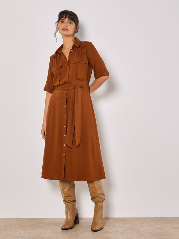 Linen Blend Utility Shirt Midi Dress, Brown, large