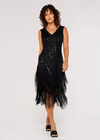 Chevron Sequin Fringed Mini Dress, Black, large
