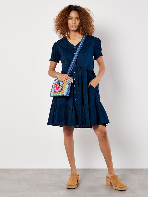 Cotton Blend Dobby Mini Dress, Navy, large