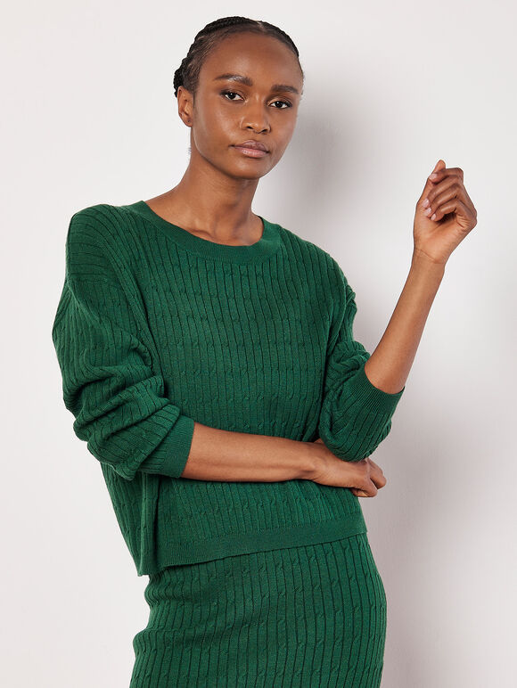 Fine Knit Cable Jumper, Green, large