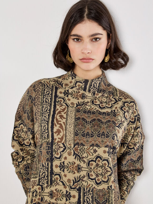 Ikat Patchwork Oversized Jumper Mini Dress, Khaki, large