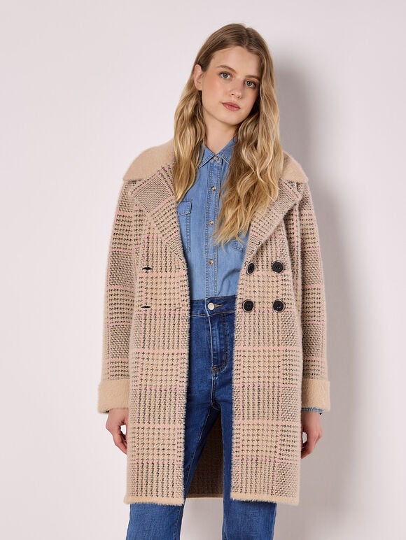 Heritage Check Fluffy Knit Coat, Stone, large