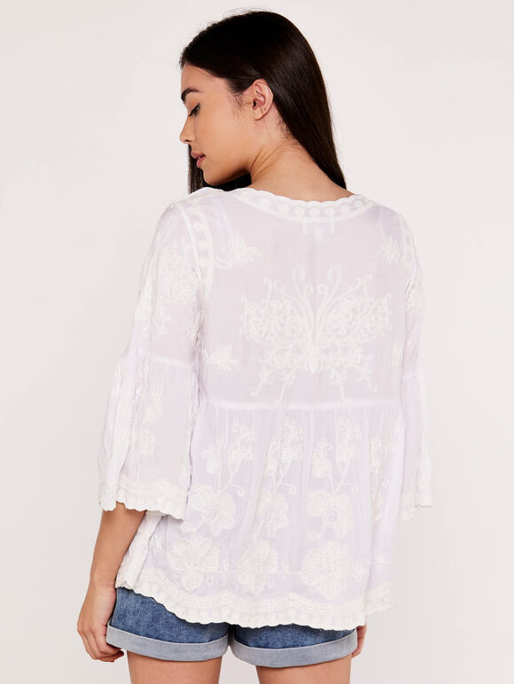 Embroidered Bell Sleeve Top, White, large