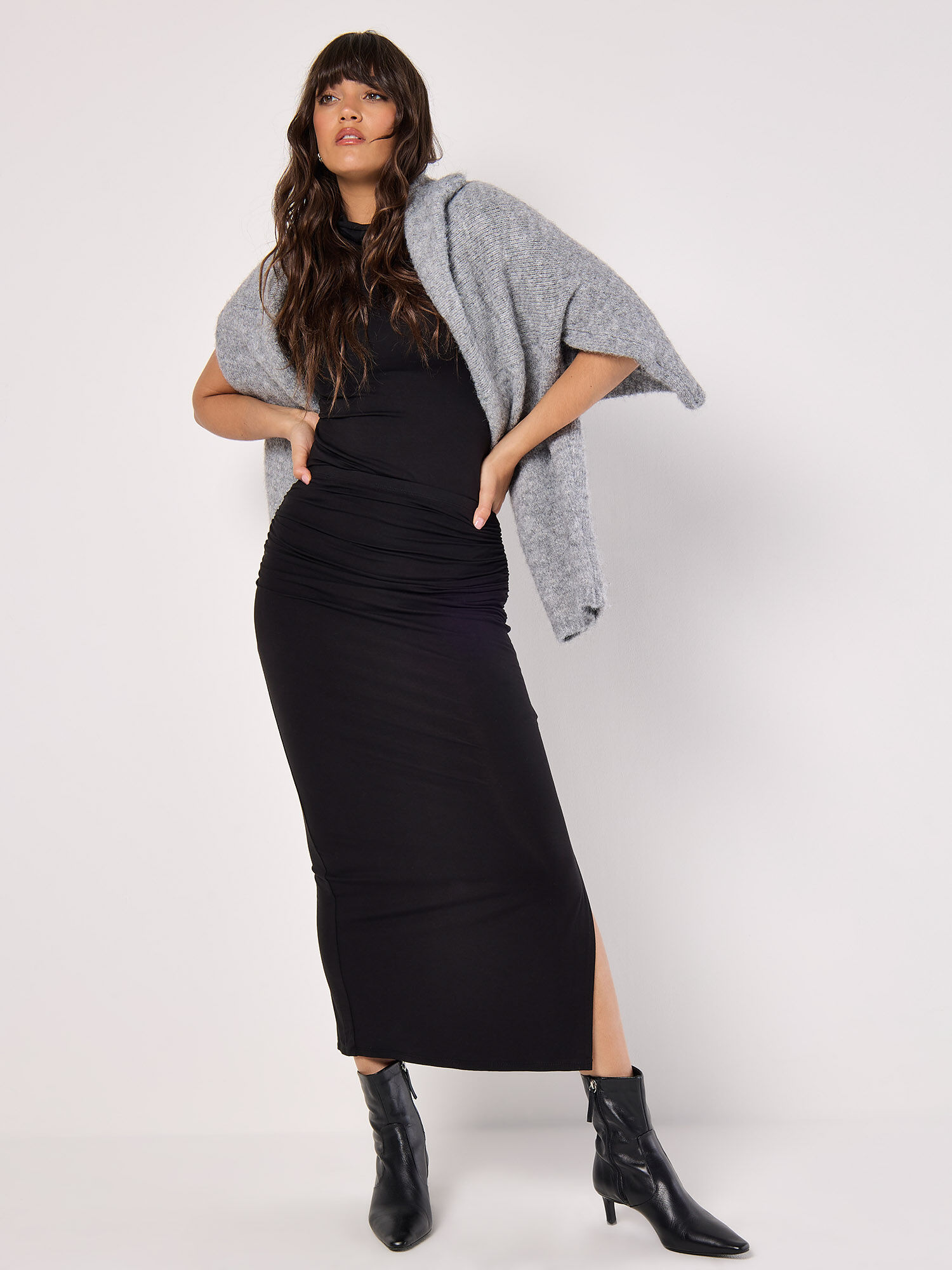 Jersey Ruched Midi Skirt Apricot Clothing