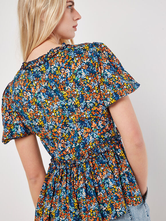 Watercolour Floral Ruffle Top, Navy, large