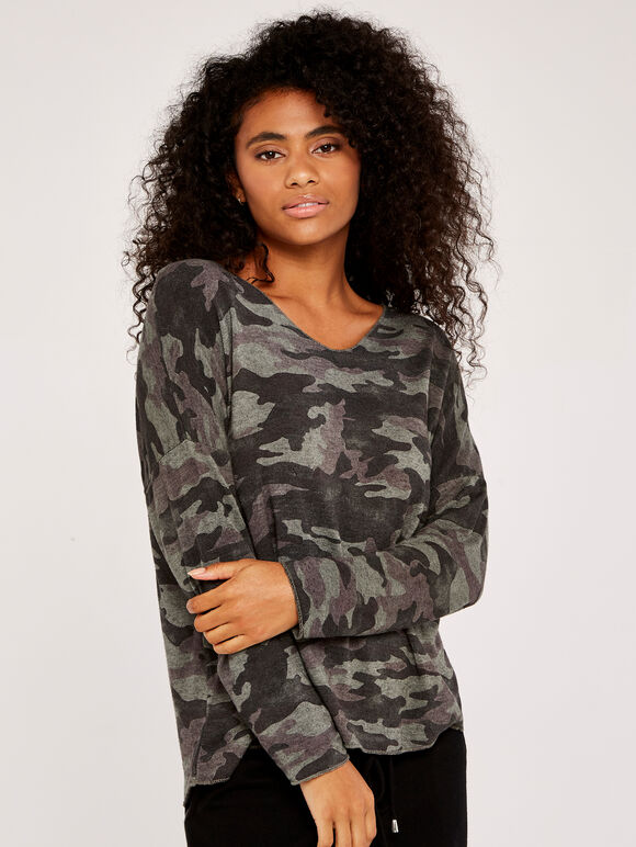 Camouflage Print Batwing Top, Khaki, large