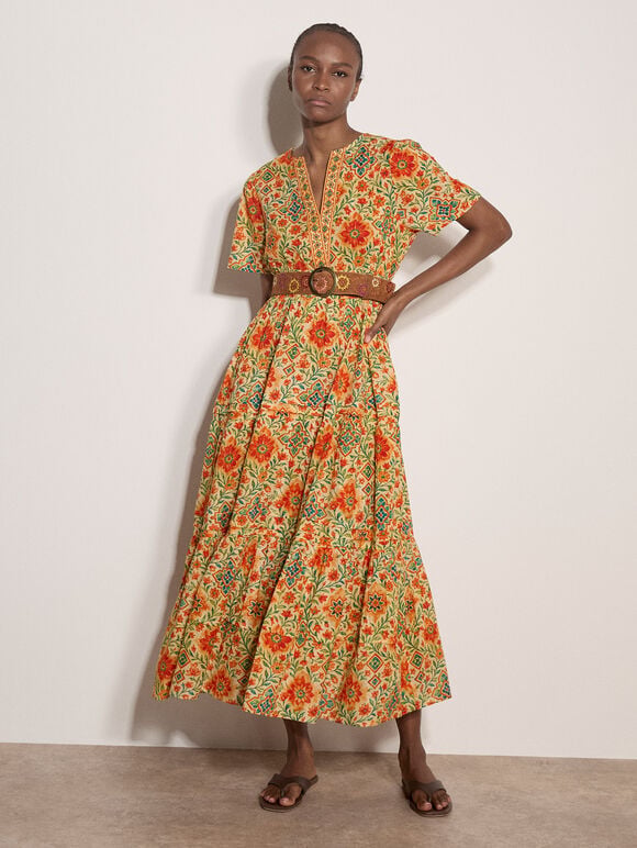 Stain Glass Floral Tiered Midaxi Dress, Orange, large
