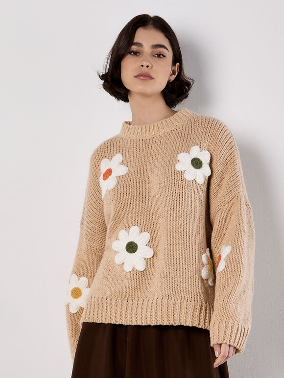Embroidered Daisy Jumper, Stone, large