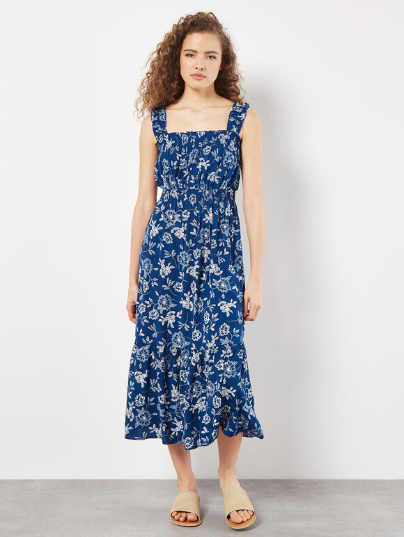 Floral Silhouette Smocked Midi Dress, Blue, large