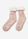 Fluffy Lining Aran Knit Socks, Pink, large